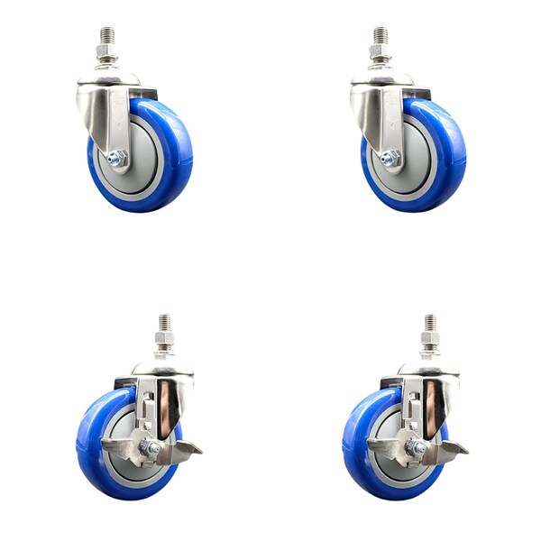 Service Caster 4 Inch 316SS Blue Polyurethane Swivel 12mm Threaded Stem Caster Brake, 2PK SS316TS20S414-PPUB-BLUE-M1215-2-TLB2 - main